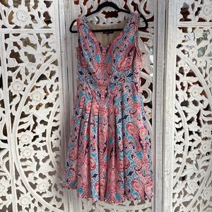 Vintage Paisley Pleated Dress – Red & Blue Sleeveless Boho Dress – Medium